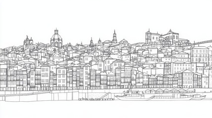 Fototapeta premium Cityscape Line Drawing - Detailed line drawing of a European city skyline, featuring numerous buildings and boats along the water. Ideal for coloring books or prints