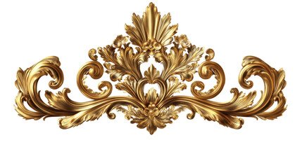 A golden decorative crest, cut out and isolated on a transparent background, featuring royal motifs and intricate linework.
