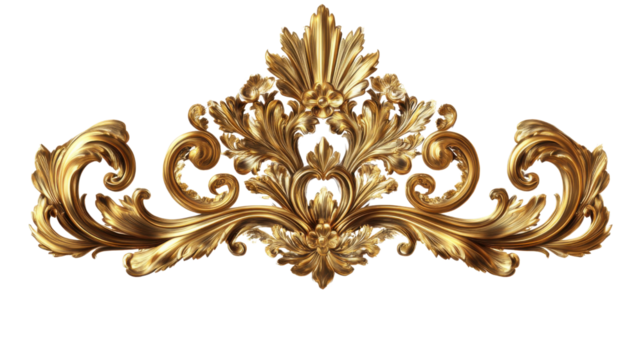 A golden decorative crest, cut out and isolated on a transparent background, featuring royal motifs and intricate linework.