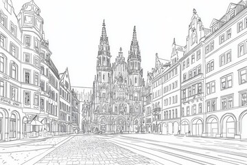 Cityscape Sketch: Cathedral and Street Scene - A detailed line drawing of a European city street leading to a grand cathedral, showcasing architectural details and cobblestone streets