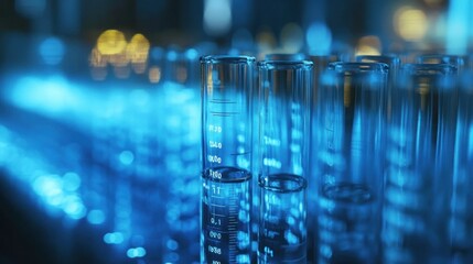 Laboratory test tubes filled with liquid,  glowing blue lab background