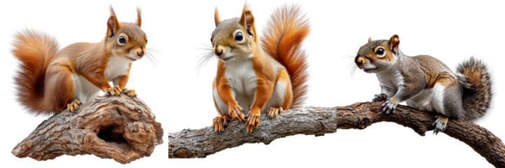  Set of a squirrel sitting on a branch, isolated on transparent background.