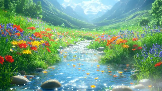 Idyllic mountain stream flows through vibrant wildflowers, creating a serene, picturesque landscape. Seamless looping time lapse animation video background, lo-fi art