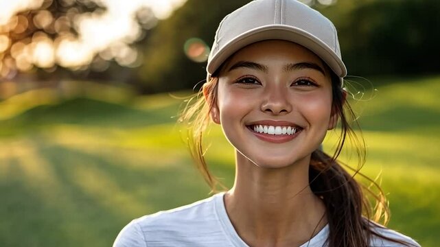 Smiling Woman in a Golf Course at Sunset
