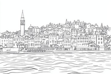Fototapeta premium Coastal Town Line Drawing - A black and white line drawing of a coastal town, showcasing buildings, a waterfront, and a boat. Ideal for coloring books or illustrations