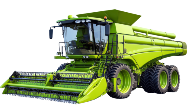 "A GPS-guided combine harvester, isolated on transparent background, illustrating high-tech farming equipment.