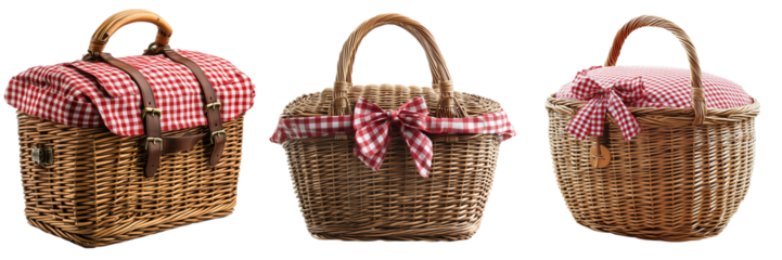  Set of a Wicker picnic basket with red gingham ribbon, isolated on transparent background.