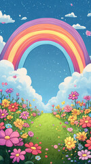 Fototapeta premium vibrant landscape featuring rainbow arching over field of colorful flowers, under bright blue sky with fluffy clouds. serene and cheerful scene