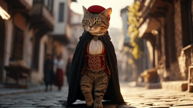 A majestic cat dressed in an elaborate historical outfit walks confidently down a sunlit cobblestone street in Istanbul during Ottoman era