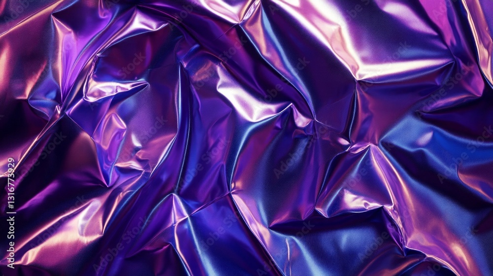 Poster vibrant hues of purple and blue shimmer across the textured surface of crumpled metallic fabric, cat
