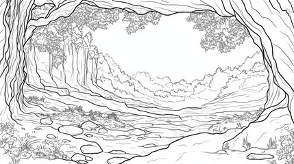 Obraz premium Forest Cave River Scene - Line drawing of a tranquil forest scene viewed from within a cave, showcasing a gentle river flowing through the serene landscape