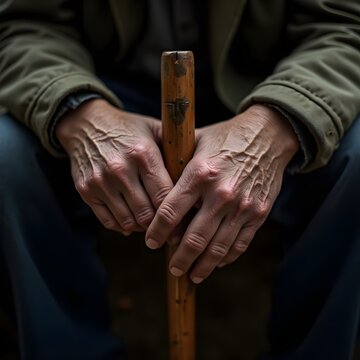 Manos arrugadas de un anciano sujetando un bast&oacute;n
