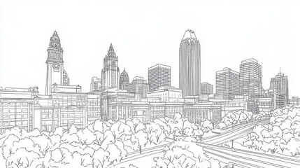 Indianapolis Indiana Skyline Line Art Coloring Page - Single line drawing of Indianapolis cityscape, symbolizing urban growth, architectural design, city planning, community, and progress
