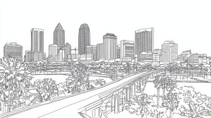 Jacksonville Florida Skyline Line Art Drawing - Single line drawing of Jacksonville Florida cityscape, symbolizing urban development, coastal beauty, bridge connection, palm trees