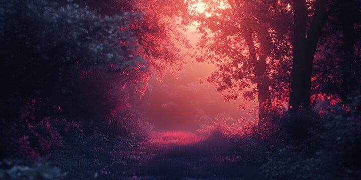 Woman's face with floweA soft pink glow envelops the trees
