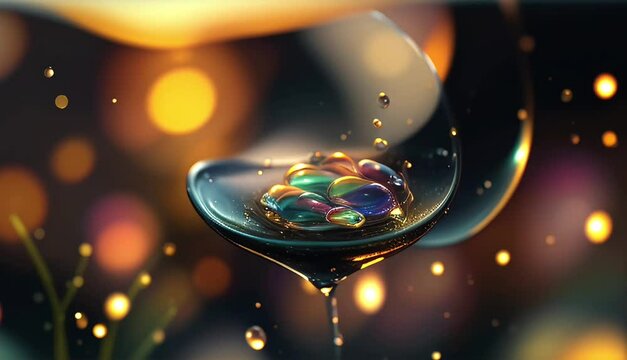 glistening water droplets with bokeh effect in soft focus,seamless loopable morphing animation