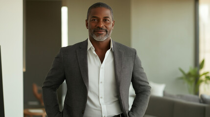 Middle-aged African American man in a smart blazer, confident expression, standing in a modern apartment, sharp textures