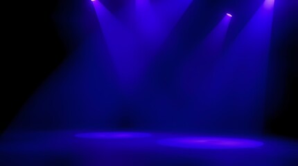 Spotlight on the Stage: A vibrant stage bathed in brilliant blue light from multiple spotlights, ready to showcase a performance with dramatic ambiance. 