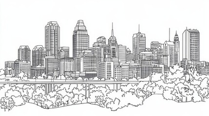 Fototapeta premium Kansas City Skyline Line Art Coloring Page - Single line drawing of Kansas City Missouri skyline, perfect for coloring. Illustrates urban architecture, city growth, nature, community