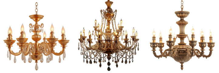 Set of a golden chandelier with candles, isolated on transparent background.