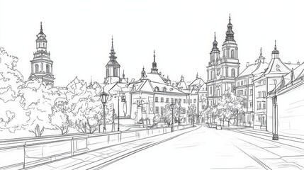 Krakow Poland Cityscape Line Art Drawing - Single line drawing of Krakow's architecture, symbolizing history, tourism, urban design, cultural heritage, and artistic expression