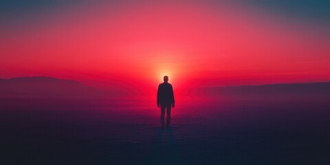 Fototapeta premium A silhouetted person stands in the ocean at sunset. 