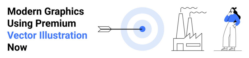 Arrow in bullseye symbolizing precision, factory representing industry, woman thinking for creativity. Ideal for business, industry, innovation, focus, goals, strategy flat landing page banner