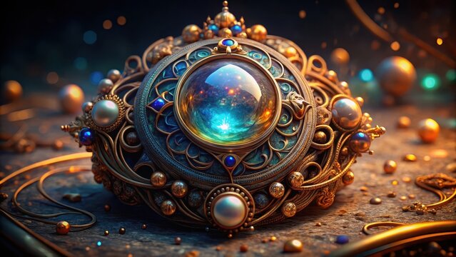 Ancient mystical amulet with a glowing glass orb at its center, surrounded by intricate metallic filigree and adorned with small gemstones, , mysterious