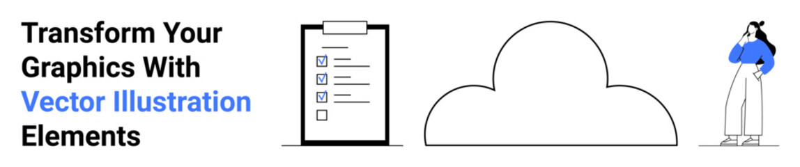 Woman thinking, accompanied by a checklist on clipboard and abstract cloud. Ideal for creativity, planning, productivity, brainstorming, goal setting, graphic design marketing. Flat landing page