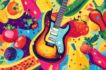 A Colorful Illustration of a Guitar Amidst Various Fruits
