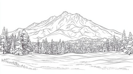 Obraz premium Lassen Volcanic National Park Line Art Drawing - Single line drawing, coloring, mountain landscape, forest, nature, serenity