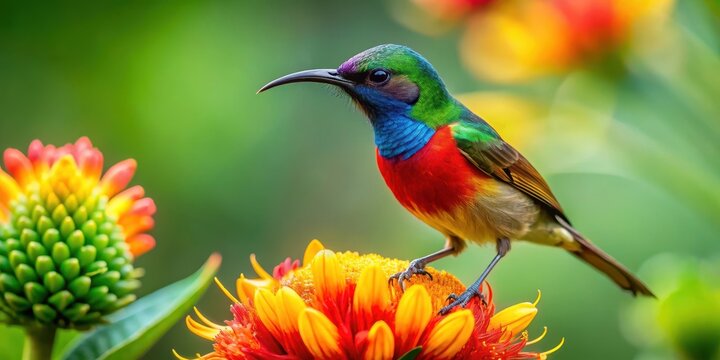 sunbird perched on a flower with bright colors and intricate details, set against a blurred background of lush greenery, floral arrangement, vibrant flowers