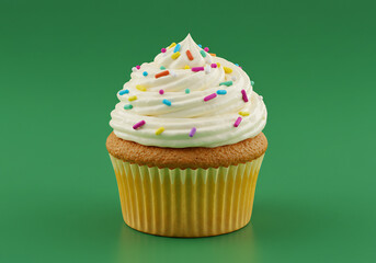 Vanilla Cupcake with Colorful Sprinkles on Green Background