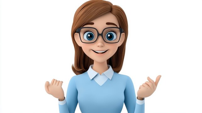 Animated Woman Character In Light Blue Sweater Pointing Hands