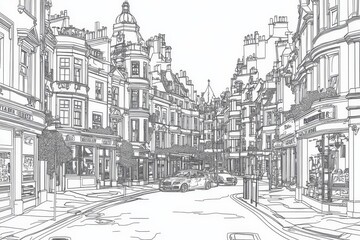 London Street Scene Line Drawing - Single line drawing of London street, showcasing architecture, urban life, transportation, and shops. Symbolizing history, elegance, city life, and British culture