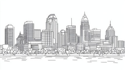 Naklejka premium Louisville Kentucky Skyline Line Drawing - Single line drawing of Louisville's cityscape, symbolizing urban development, architectural design, city growth, Kentucky pride, and American history
