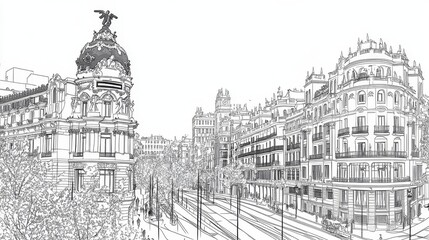 Obraz premium Madrid Street Scene Line Drawing - Single line drawing of a Madrid street, symbolizing architecture, urban life, history, tourism, and Spanish culture