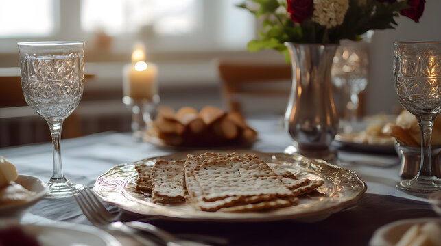 Traditional Passover Seder table setting with matzah and wine glasses.
