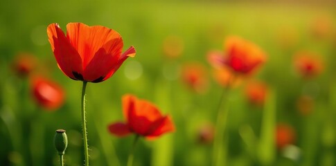 Naklejka premium Bright red poppies with partially open petals and a tightly closed bud on a green meadow, wildflowers, botanical, flower