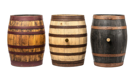 Obraz premium three old wooden barrels isolated on a white background