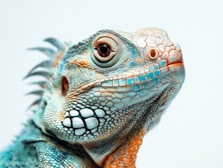 Fototapeta premium Vibrant Blue Iguana Close-Up on White Background 