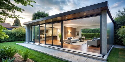 Modern house with sleek sliding doors opening to lush garden, sliding doors, architecture