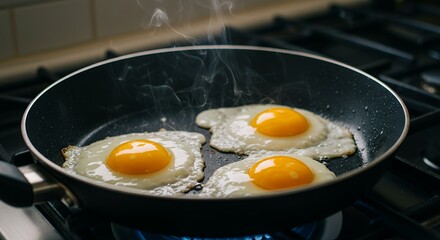 Delicious Golden Fried Eggs Cooking in a Pan on a Stovetop, A Perfect Breakfast Meal