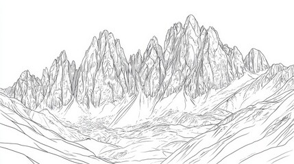 Majestic Mountain Range Line Drawing - Detailed line drawing of a majestic mountain range, perfect for coloring or as . Shows peaks, valleys, and texture