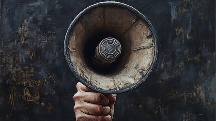 A hand holds a vintage megaphone against a textured dark background, symbolizing communication.