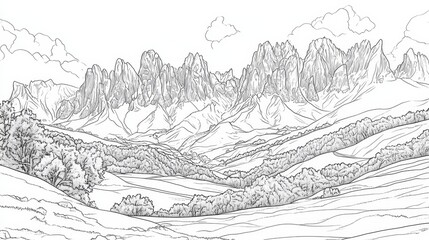 Obraz premium Majestic Mountain Valley Landscape - A serene line drawing of a valley nestled amidst majestic mountains, perfect for coloring and relaxation