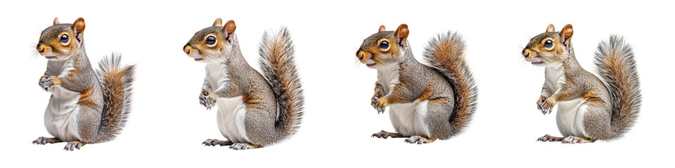 Set of cute gray squirrels standing and posing isolated on transparent background, Cutout PNG
