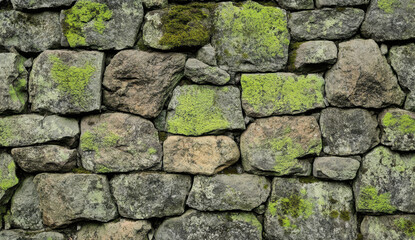 Textured stone wall exhibits weathered stones adorned with vibrant green moss, reflecting the passage of time in a historic setting