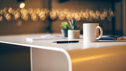 Minimalist Workspace with a Cup, Pen, and Plants in Warm Lighting