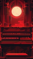 A striking red-hued scene featuring an ornate organ illuminated by a large moon, creating a dramatic and mystical atmosphere.